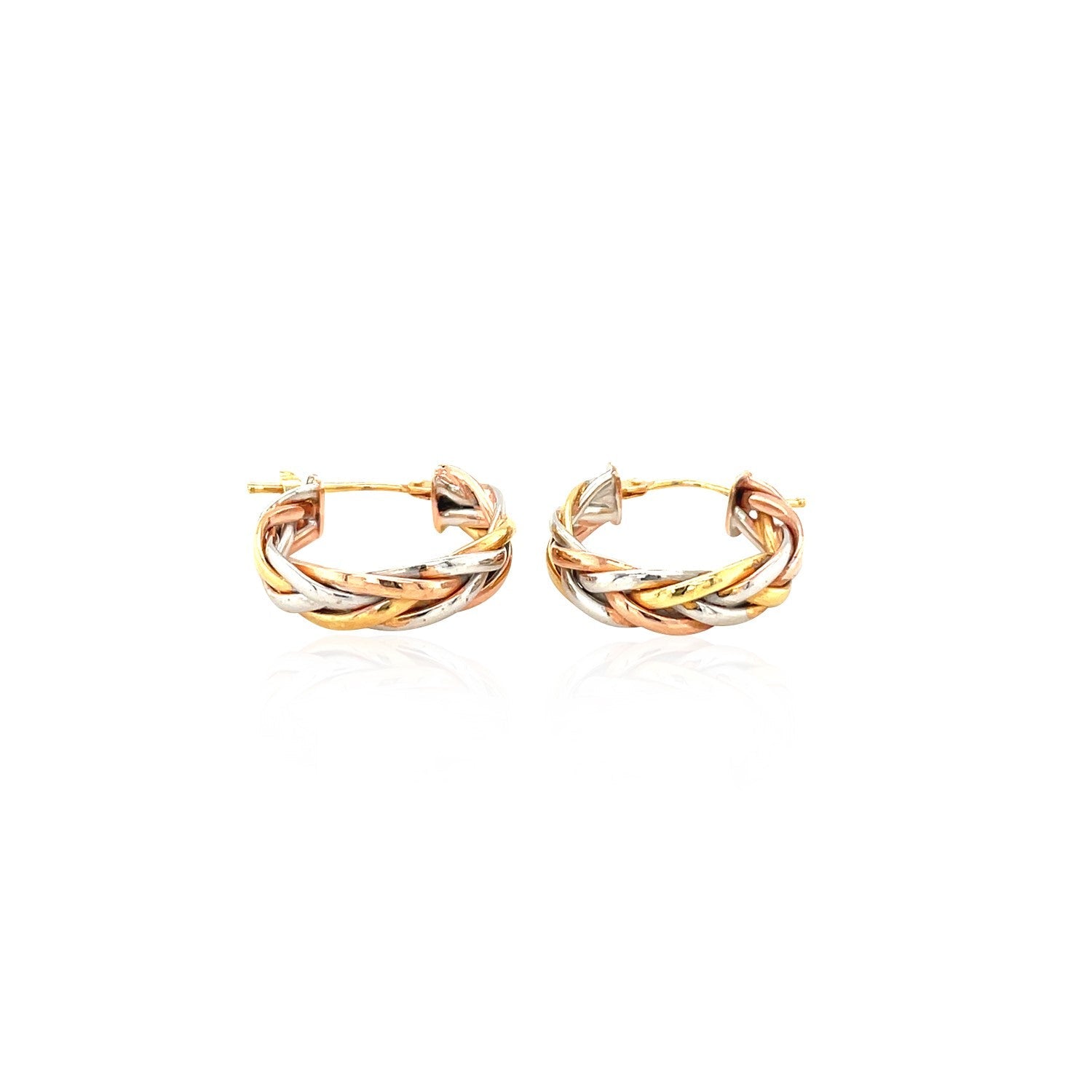 14k Tri Color Gold Three Toned Braided Hoop Earrings-2