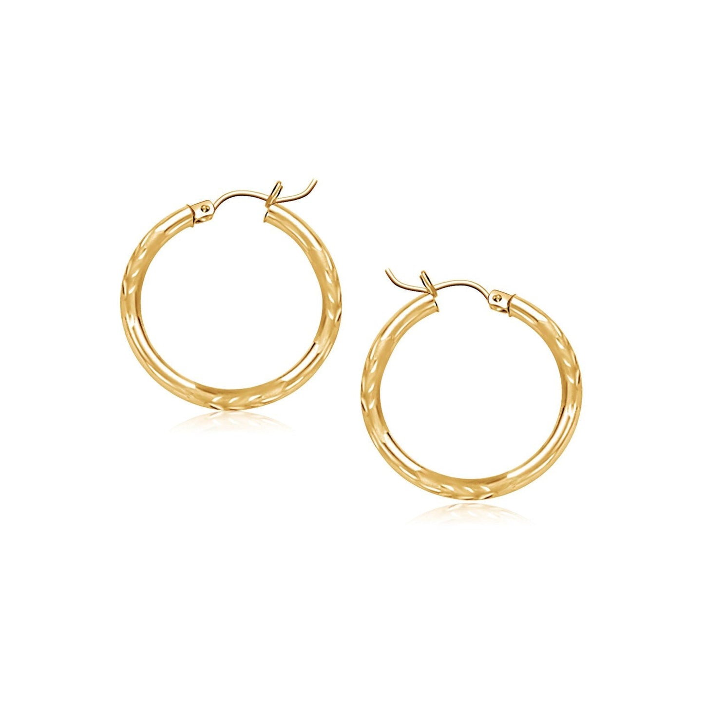 14k Yellow Gold Fancy Diamond Cut Slender Small Hoop Earrings (15mm Diameter)-0