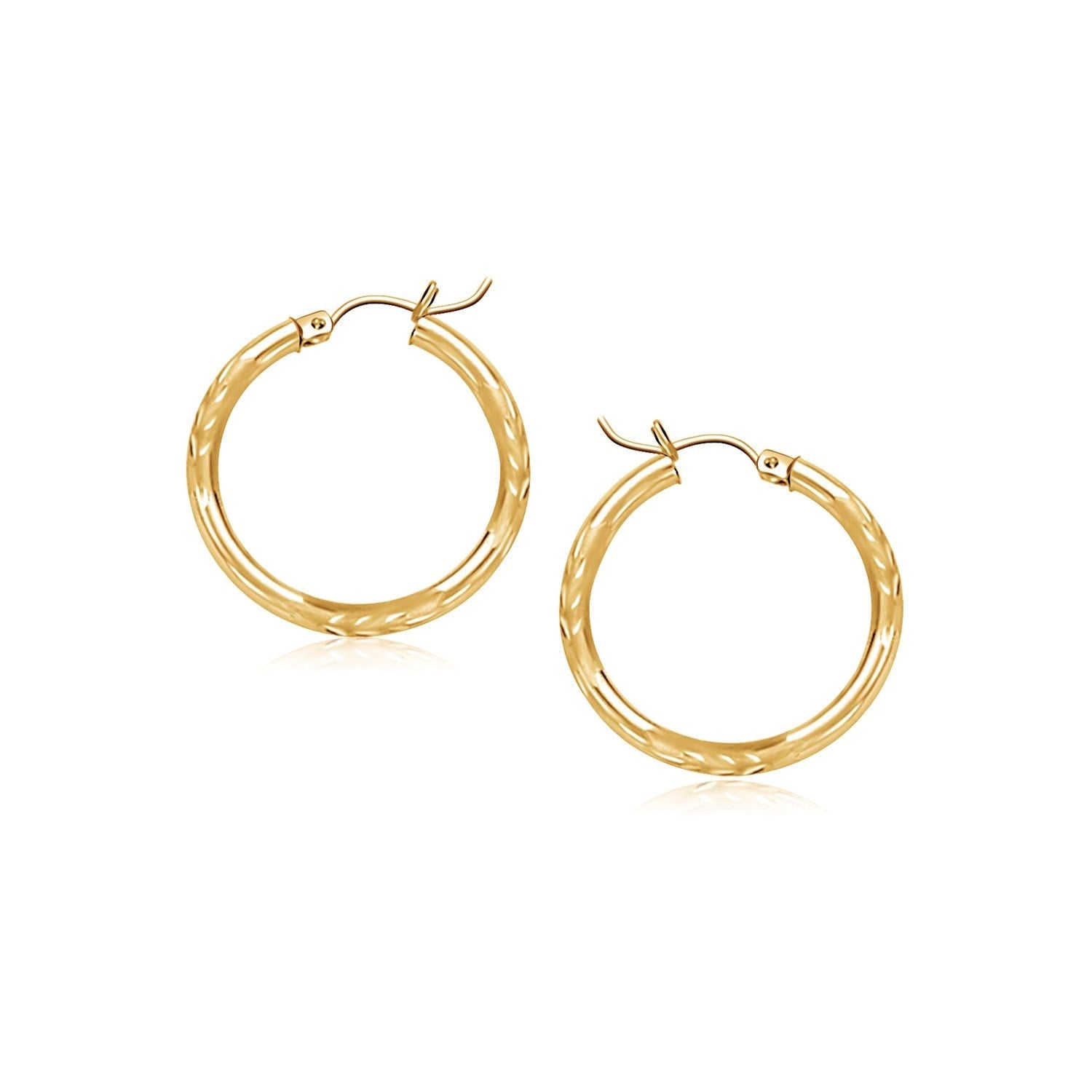 14k Yellow Gold Fancy Diamond Cut Slender Small Hoop Earrings (15mm Diameter)-0