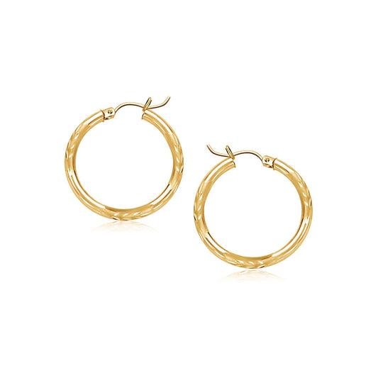 14k Yellow Gold Fancy Diamond Cut Slender Small Hoop Earrings (15mm Diameter)-0