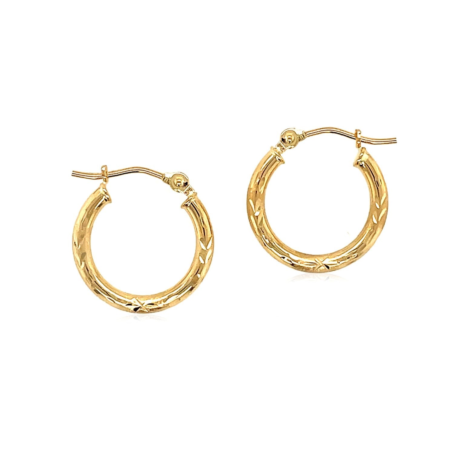 14k Yellow Gold Fancy Diamond Cut Slender Small Hoop Earrings (15mm Diameter)-1