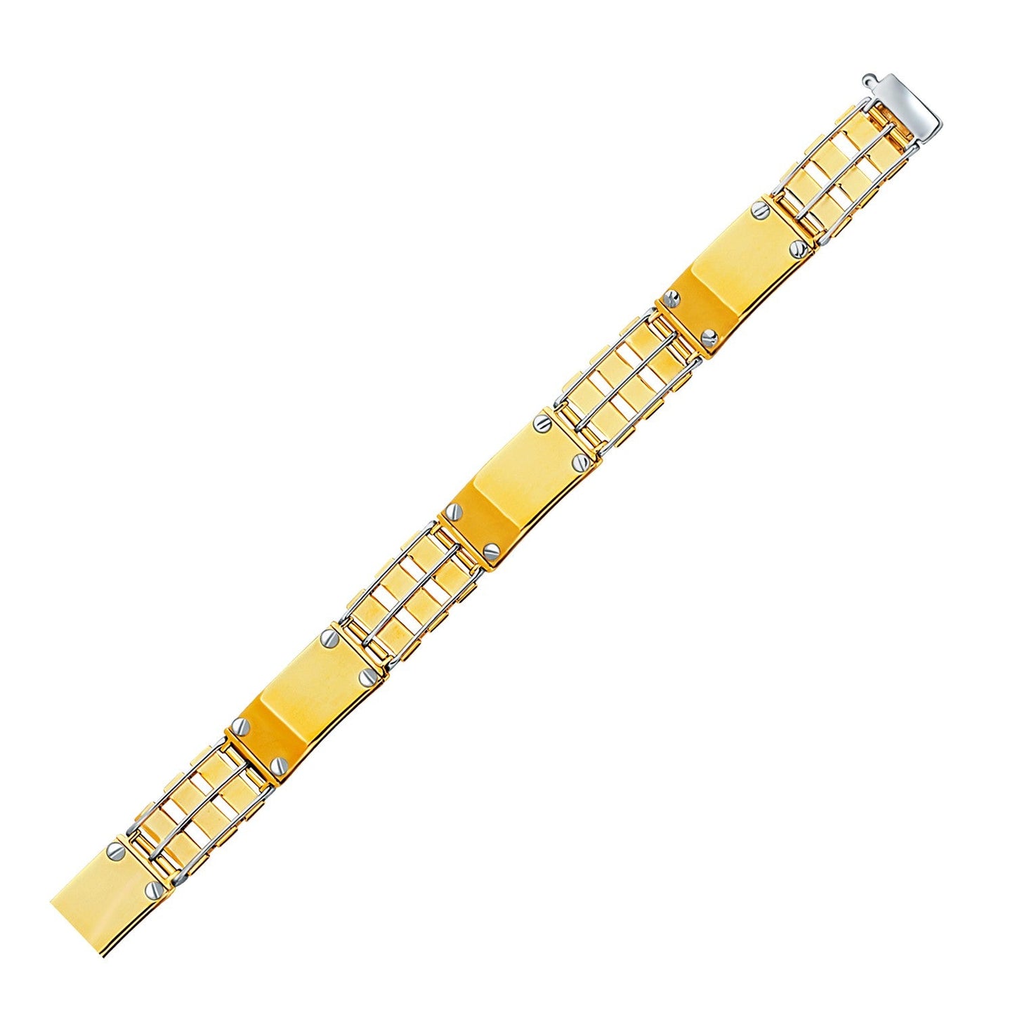 14k Two-Tone Gold Men's Bracelet with Screw Embellished Bar Links-0