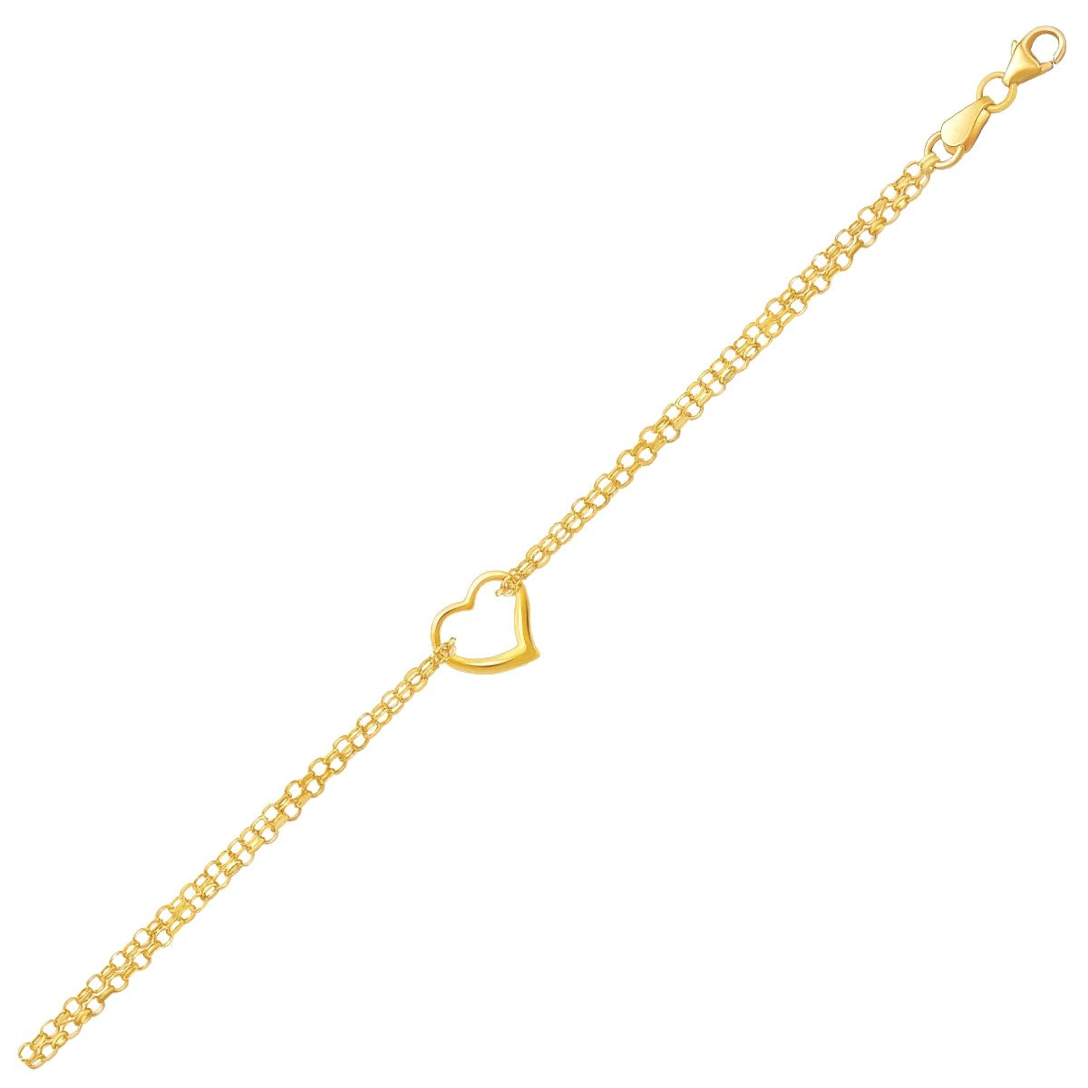 14k Yellow Gold Double Rolo Chain Anklet with an Open Heart Station-0