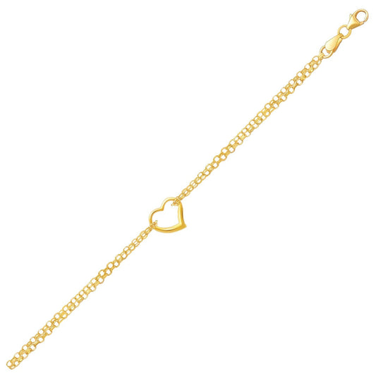 14k Yellow Gold Double Rolo Chain Anklet with an Open Heart Station-0