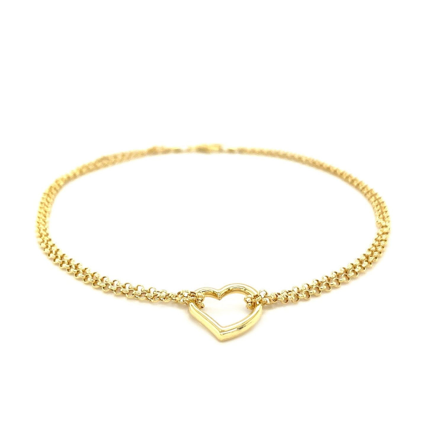 14k Yellow Gold Double Rolo Chain Anklet with an Open Heart Station-1