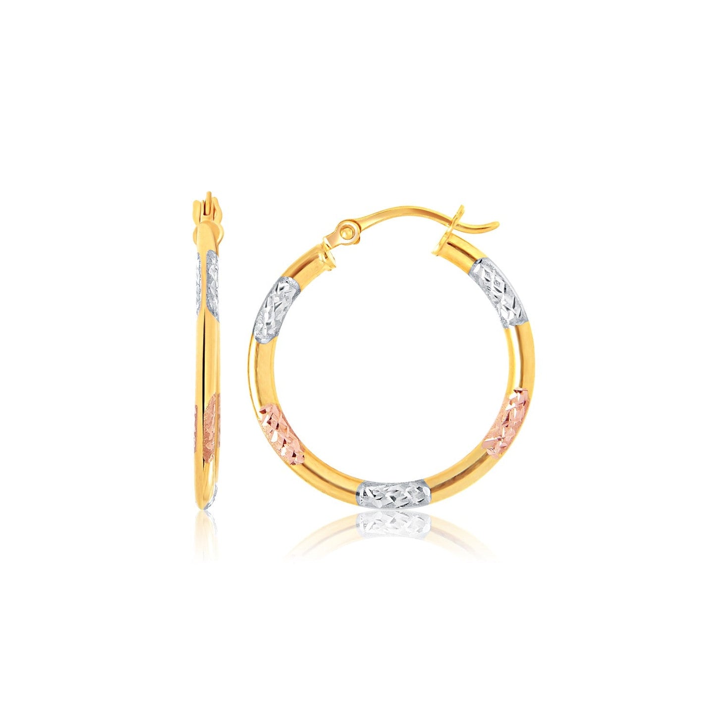 14k Tri-Color Gold Classic Hoop Earrings with Diamond Cut Details-0