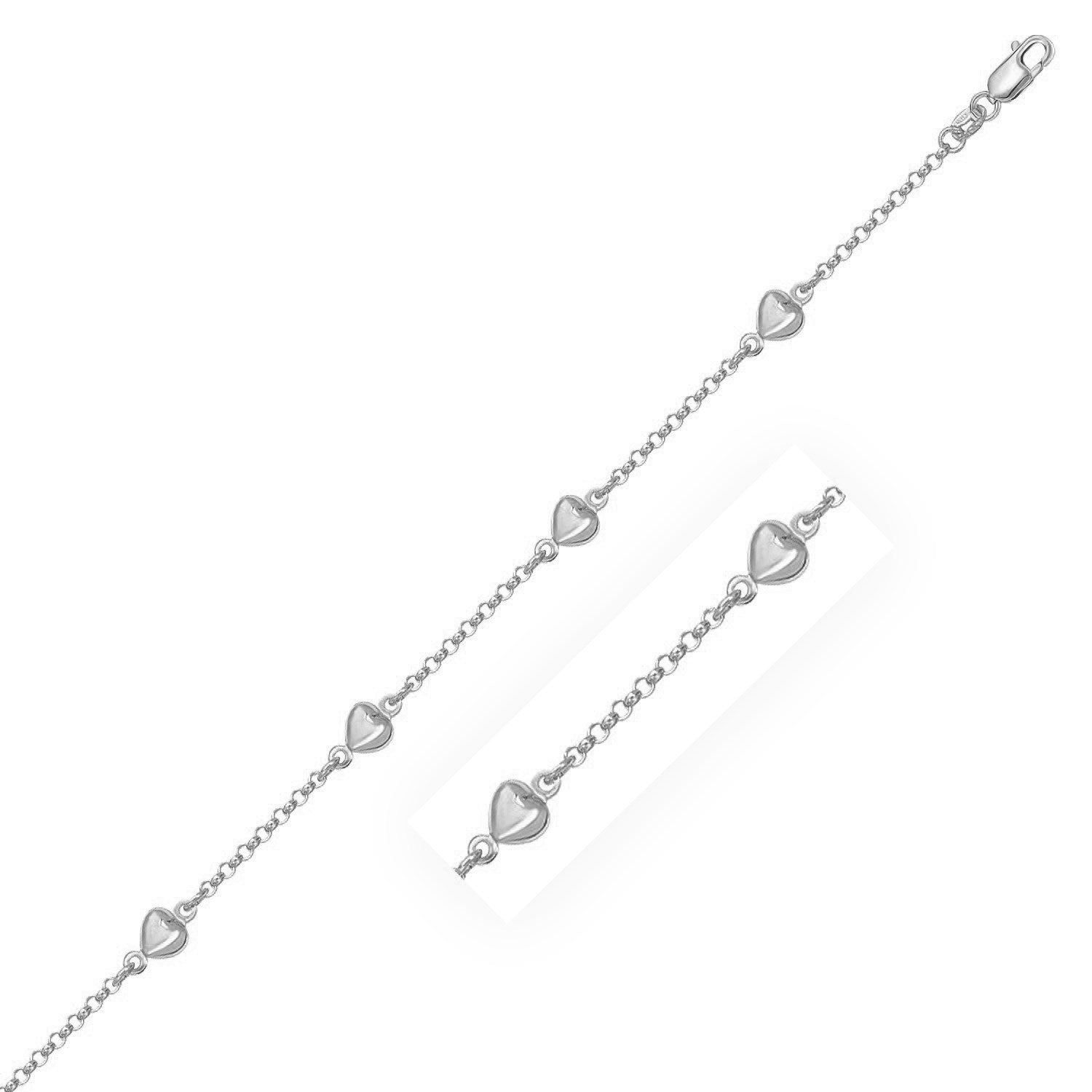 14k White Gold Rolo Chain Bracelet with Puffed Heart Stations-0