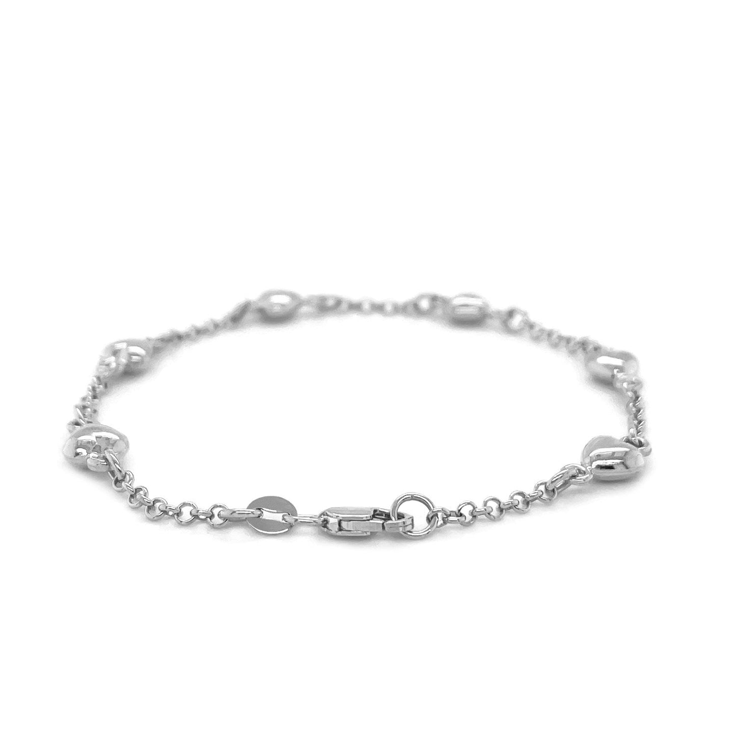 14k White Gold Rolo Chain Bracelet with Puffed Heart Stations-1