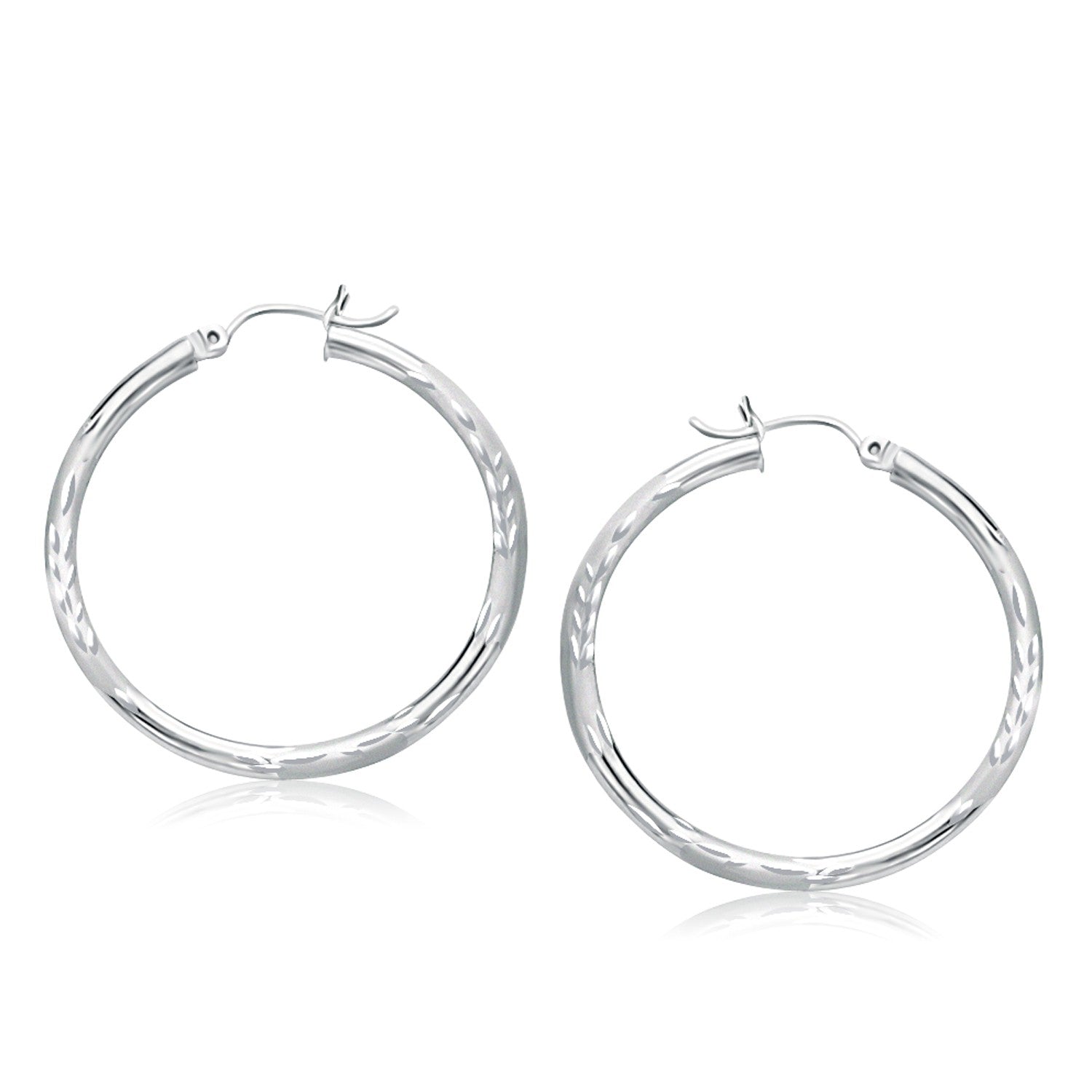 14k White Gold Fancy Diamond Cut Hoop Earrings (35mm Diameter)-0