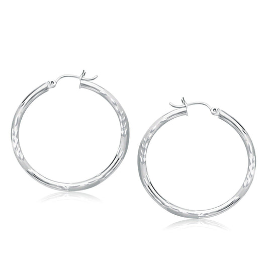 14k White Gold Fancy Diamond Cut Hoop Earrings (35mm Diameter)-0