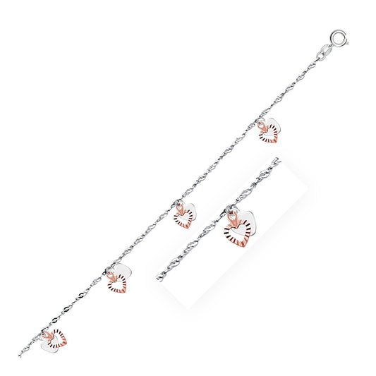 14k White and Rose Gold Anklet with Dual Heart Charms-0