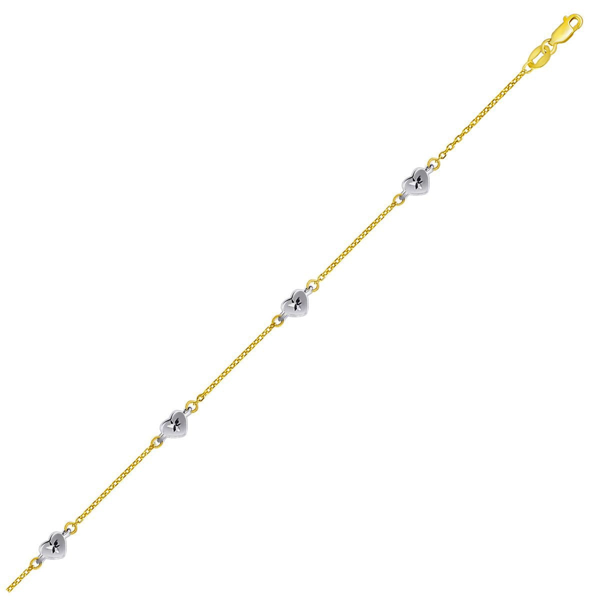 14k Two Tone Gold Anklet with Diamond Cut Heart Style Stations-0