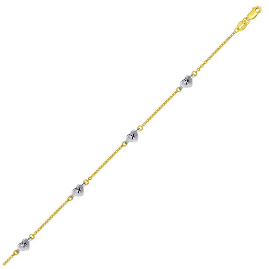 14k Two Tone Gold Anklet with Diamond Cut Heart Style Stations-0