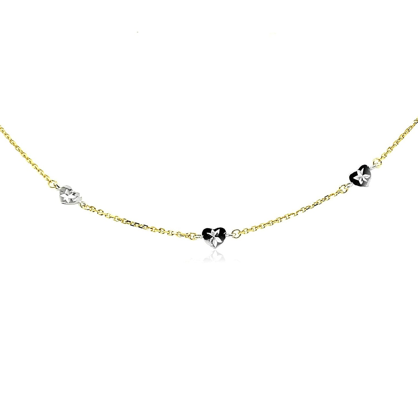 14k Two Tone Gold Anklet with Diamond Cut Heart Style Stations-1