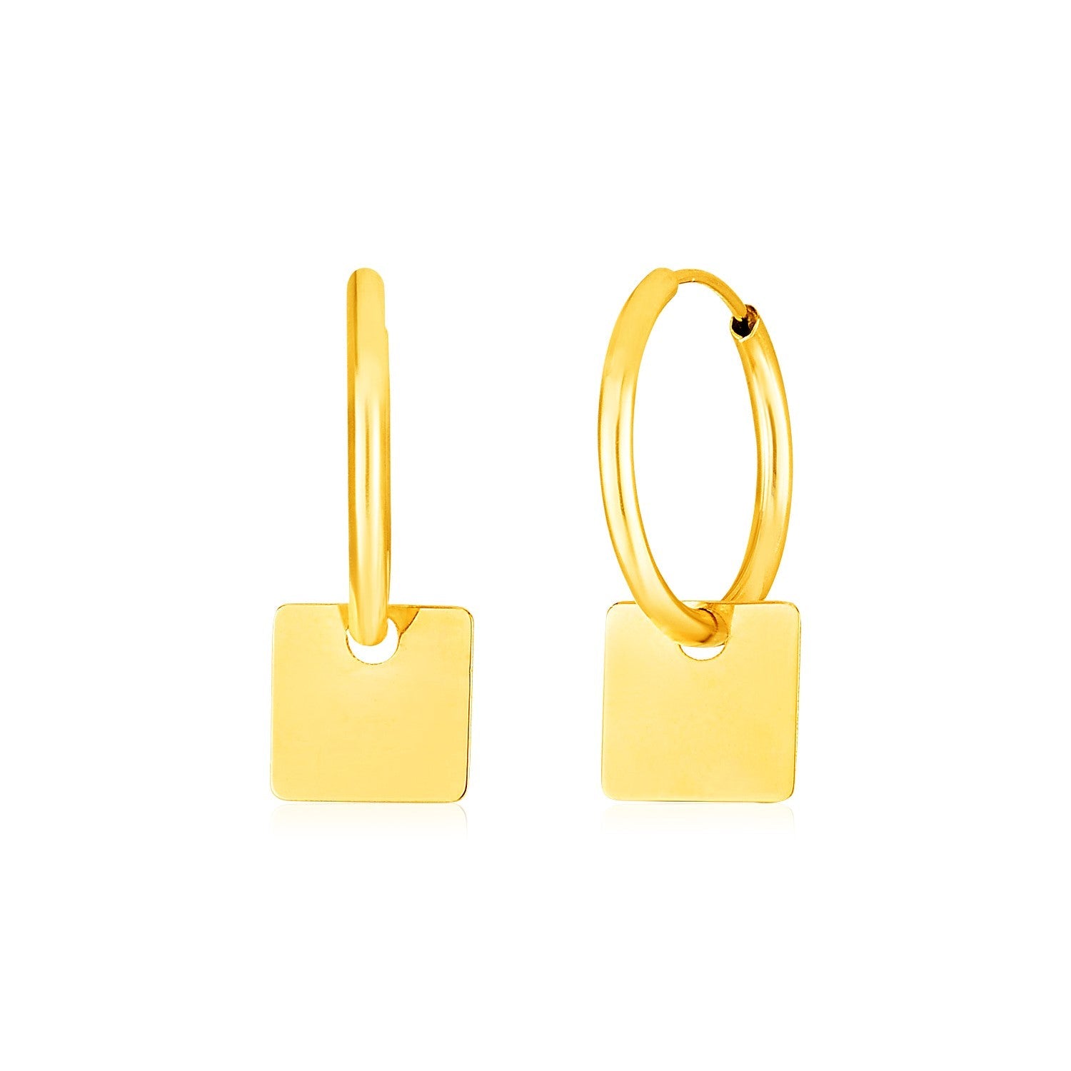 14k Yellow Gold Huggie Style Hoop Earrings with Square Drops-0