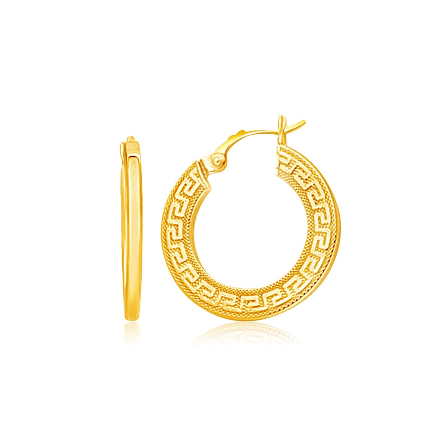 14k Yellow Gold Greek Key Medium Hoop Earrings with Flat Sides-0