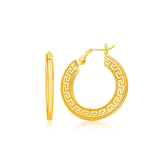 14k Yellow Gold Greek Key Medium Hoop Earrings with Flat Sides-0