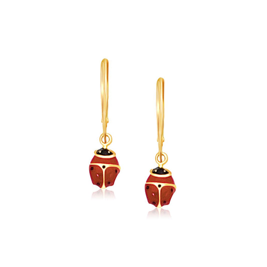 14k Yellow Gold Petite Enamel Lady Bug Drop Earrings-0