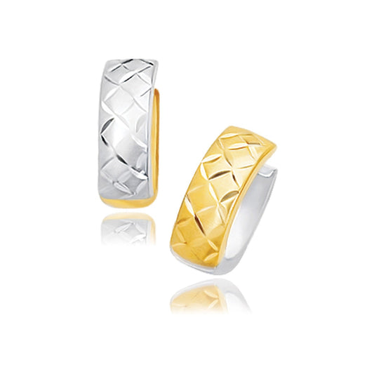 14k Two-Tone Gold Reversible Quilted Hinged Hoop Huggie Earrings-0