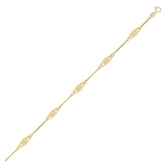 14k Yellow Gold Anklet with Fancy Diamond Shape Filigree Stations-0