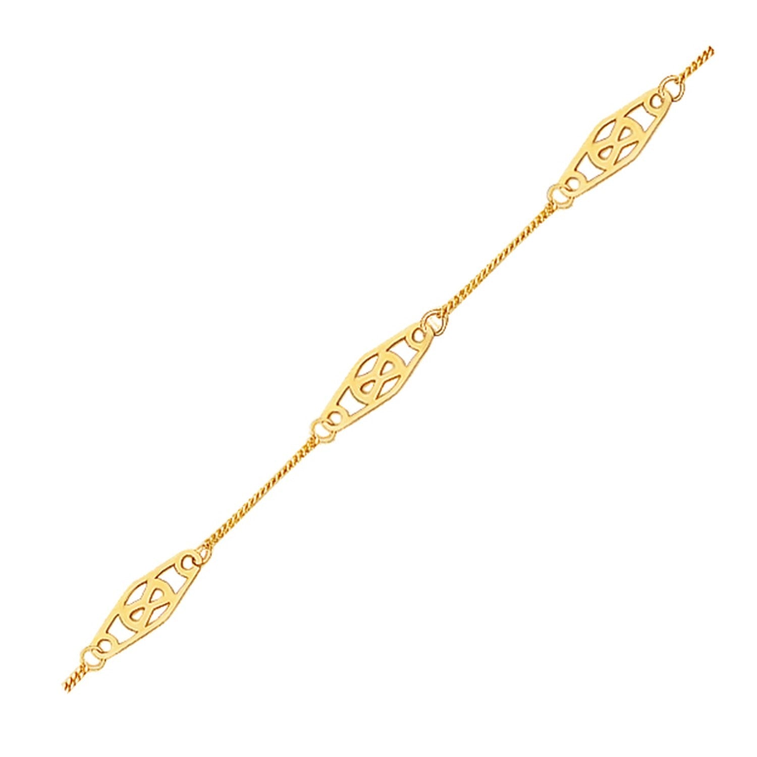 14k Yellow Gold Anklet with Fancy Diamond Shape Filigree Stations-1