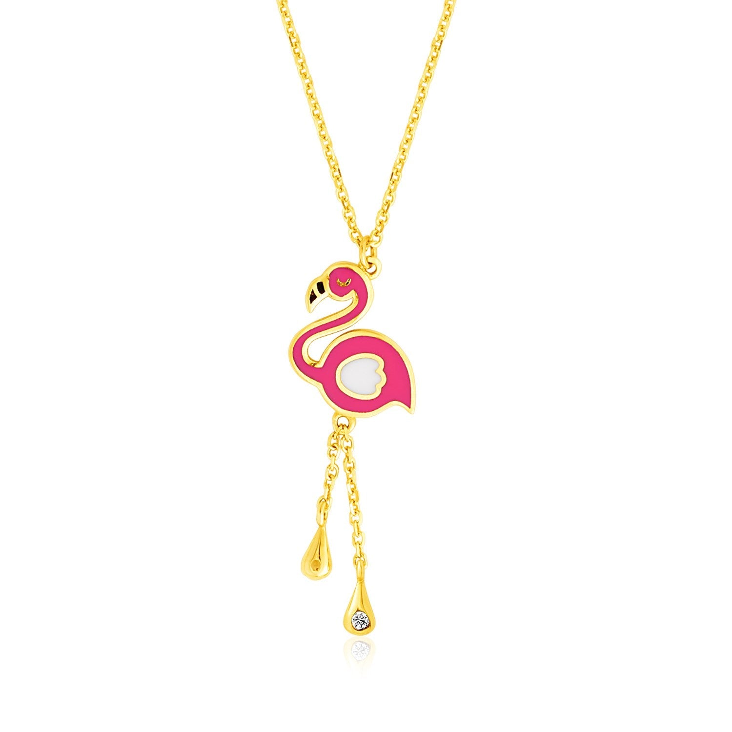 14k Yellow Gold Childrens Necklace with Enameled Flamingo Pendant-0