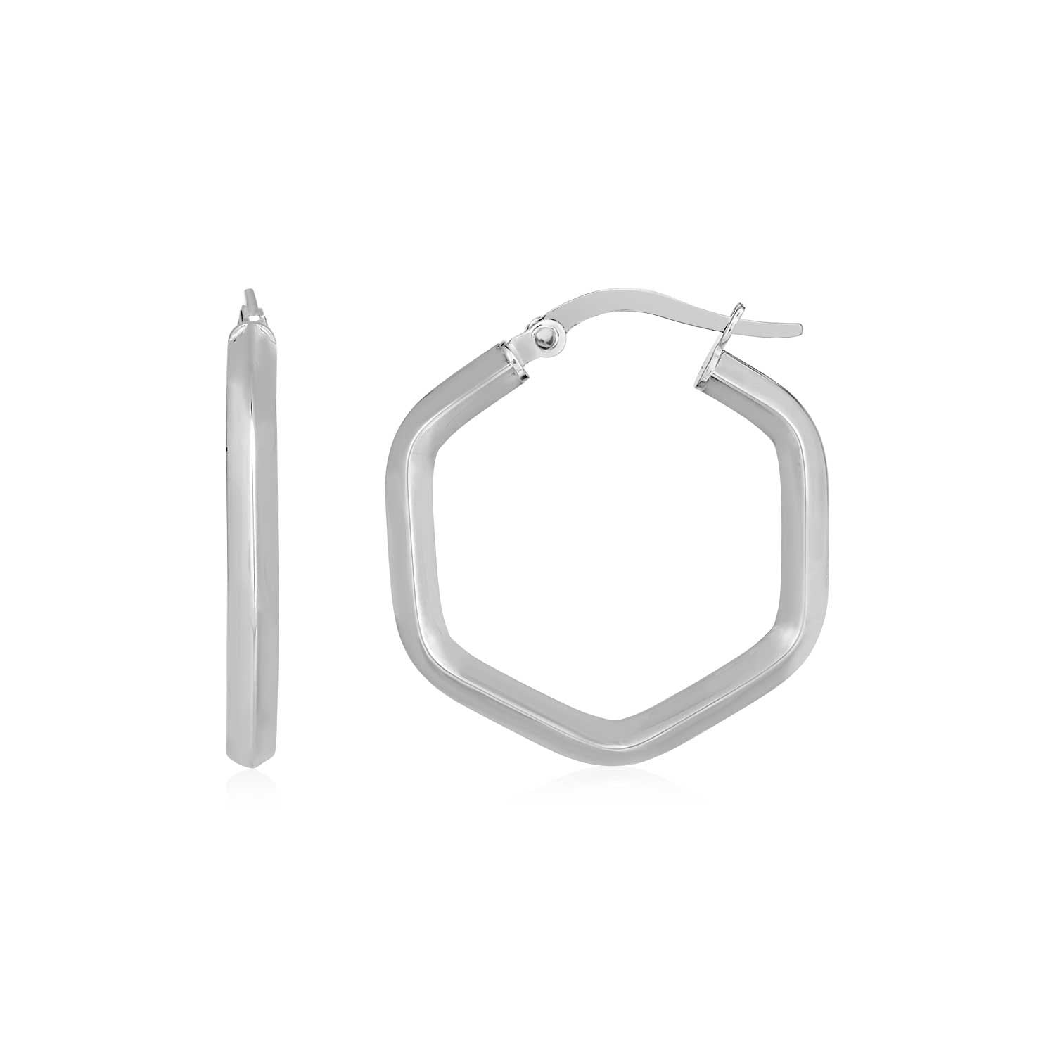 14k White Gold Shiny Hexagon Hoop Earrings-0