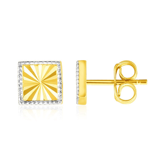 14k Two Tone Gold Textured Square Post Earrings-0