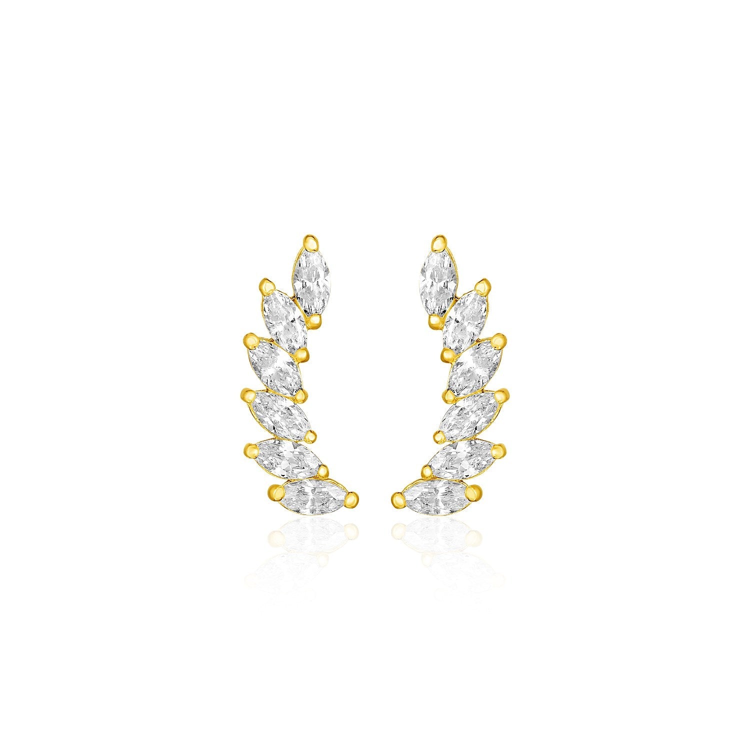 14k Yellow Gold Leaf Motif Climber Post Earrings with Marquise Cubic Zirconias-0