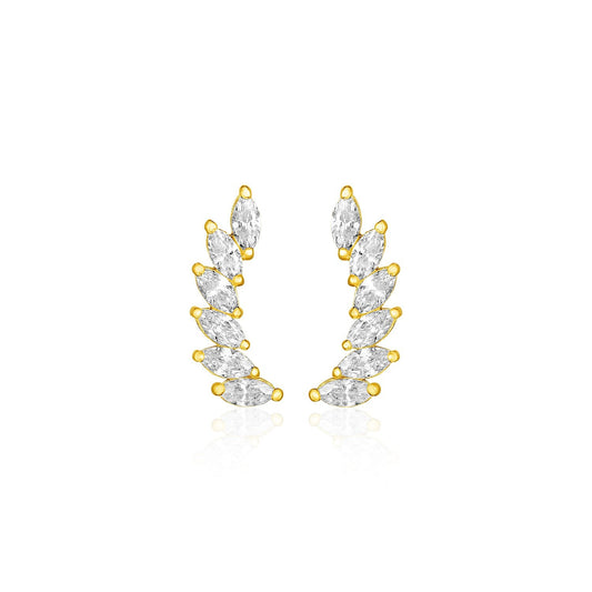 14k Yellow Gold Leaf Motif Climber Post Earrings with Marquise Cubic Zirconias-0