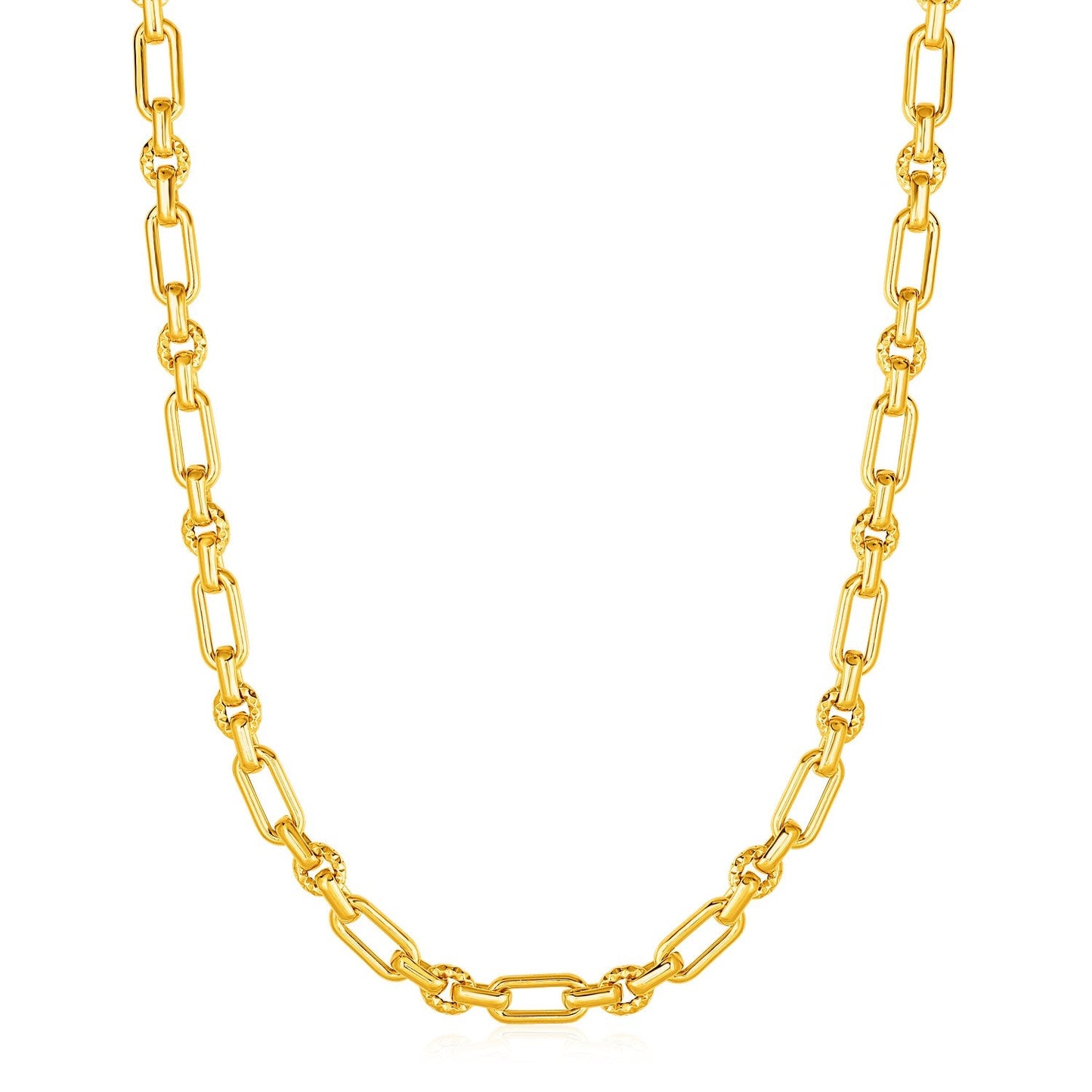 Rounded Rectangular Link Necklace with Textured Round Links in 14k Yellow Gold-0