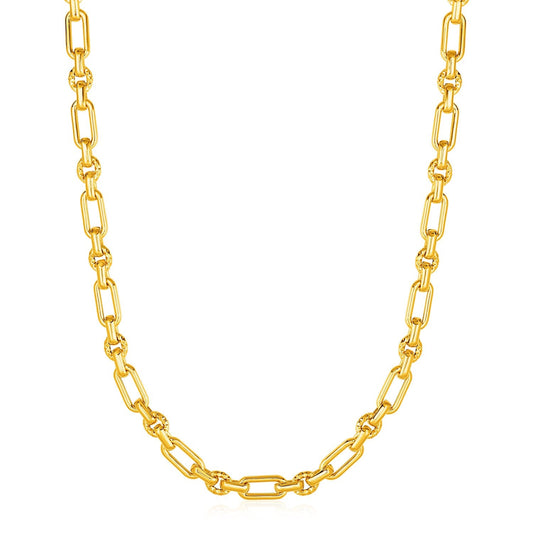 Rounded Rectangular Link Necklace with Textured Round Links in 14k Yellow Gold-0