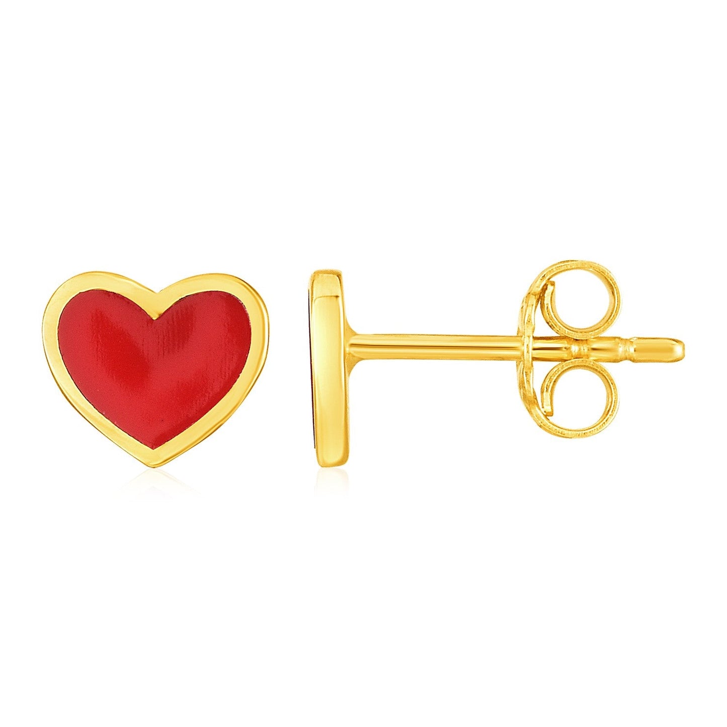 14k Yellow Gold and Enamel Red Heart Stud Earrings-0