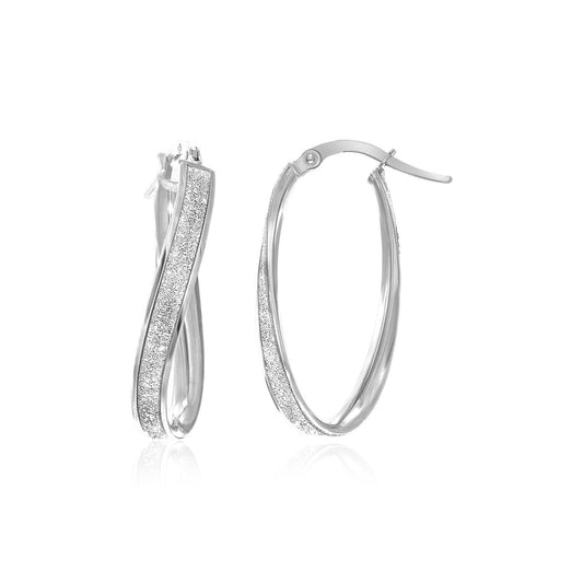 14k White Gold Oval Hoop Twist Glittery Earrings-0