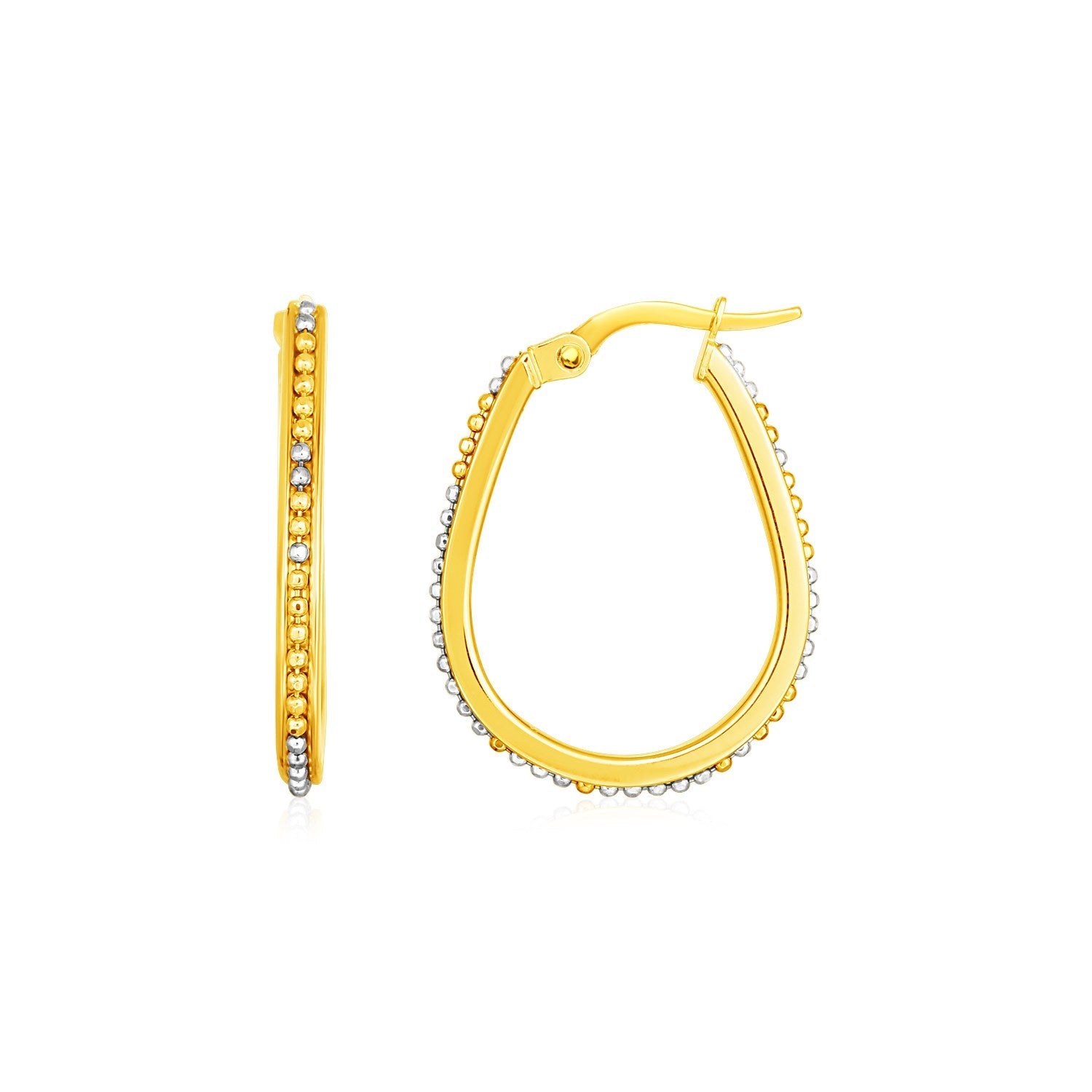14k Two Tone Gold Oval Hoop Earrings with Bead Texture-0