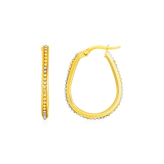 14k Two Tone Gold Oval Hoop Earrings with Bead Texture-0