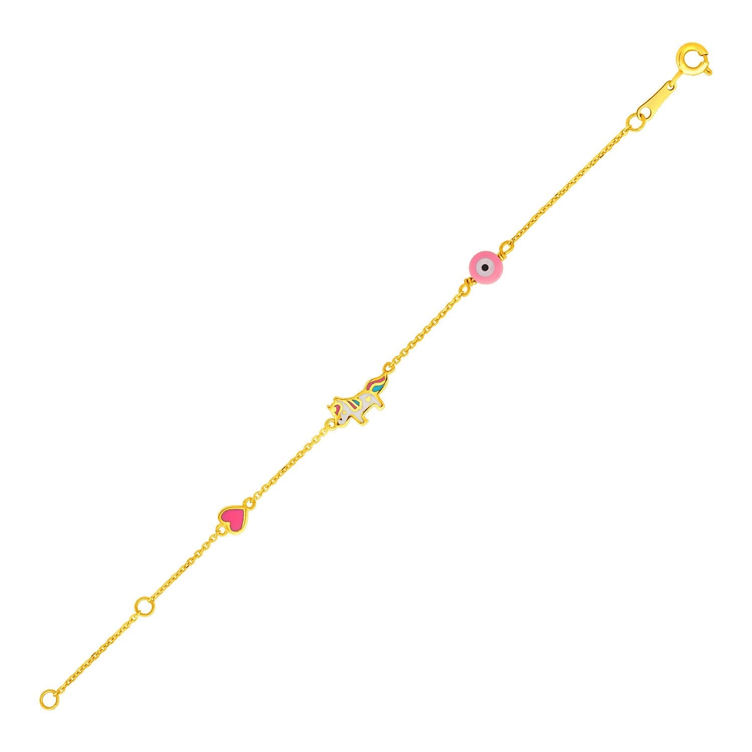 14k Yellow Gold 5 1/2 inch Childrens Bracelet with Enameled Heart Unicorn and Circle-0