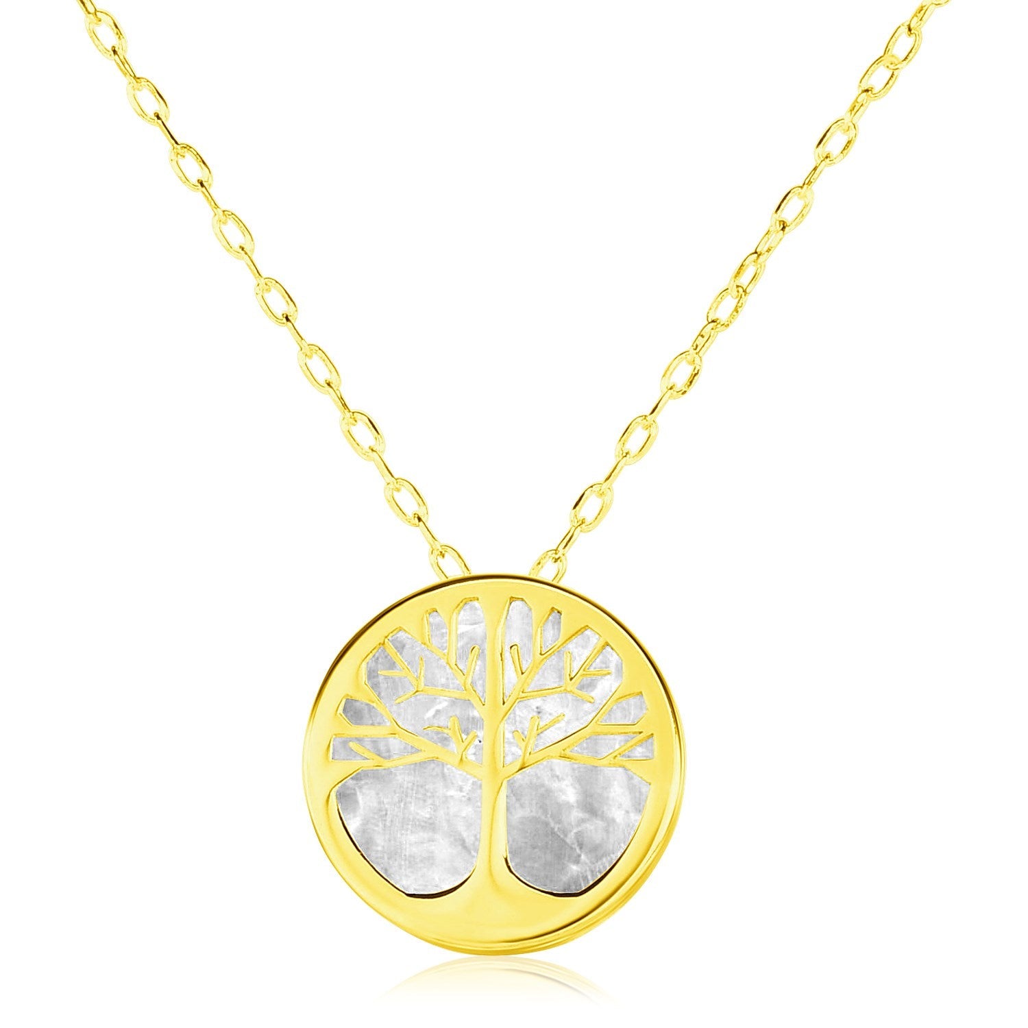 14k Yellow Gold Necklace with Tree of Life Symbol in Mother of Pearl-0