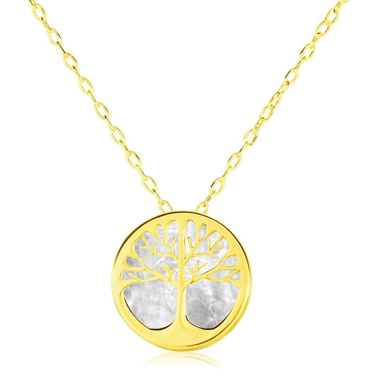 14k Yellow Gold Necklace with Tree of Life Symbol in Mother of Pearl-0