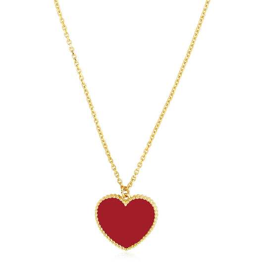14k Yellow Gold High Polish Heart Red Cornelia Paste Necklace-0
