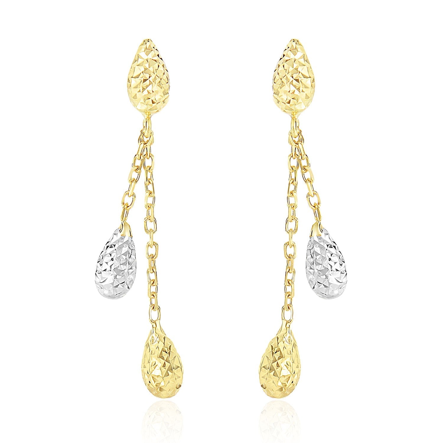 14k Two-Tone Gold Double Row Chain Earrings with Diamond Cut Teardrops-0