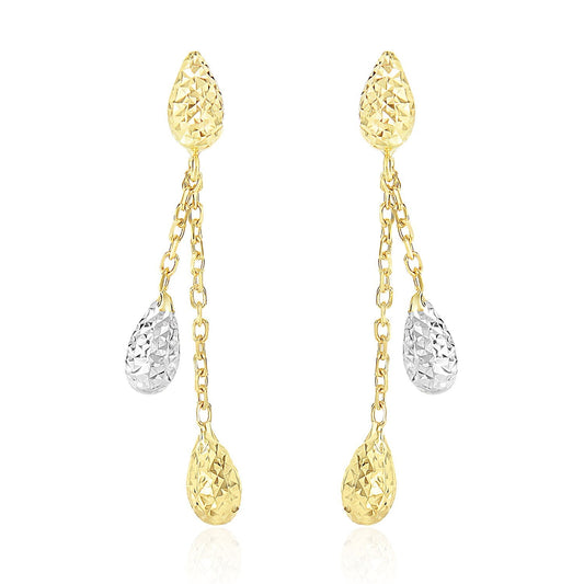 14k Two-Tone Gold Double Row Chain Earrings with Diamond Cut Teardrops-0