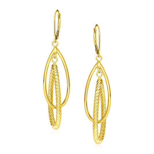 14k Yellow Gold Earrings with Shiny and Textured Teardrop Dangles-0