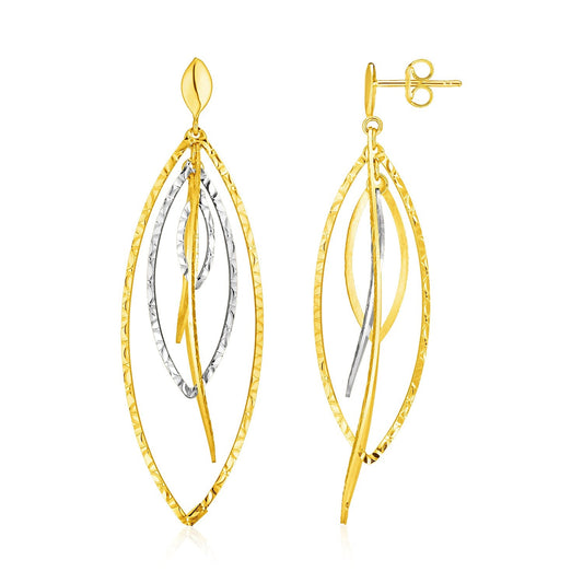 14k Two Tone Gold Textured and Polished Marquise Motif Earrings-0