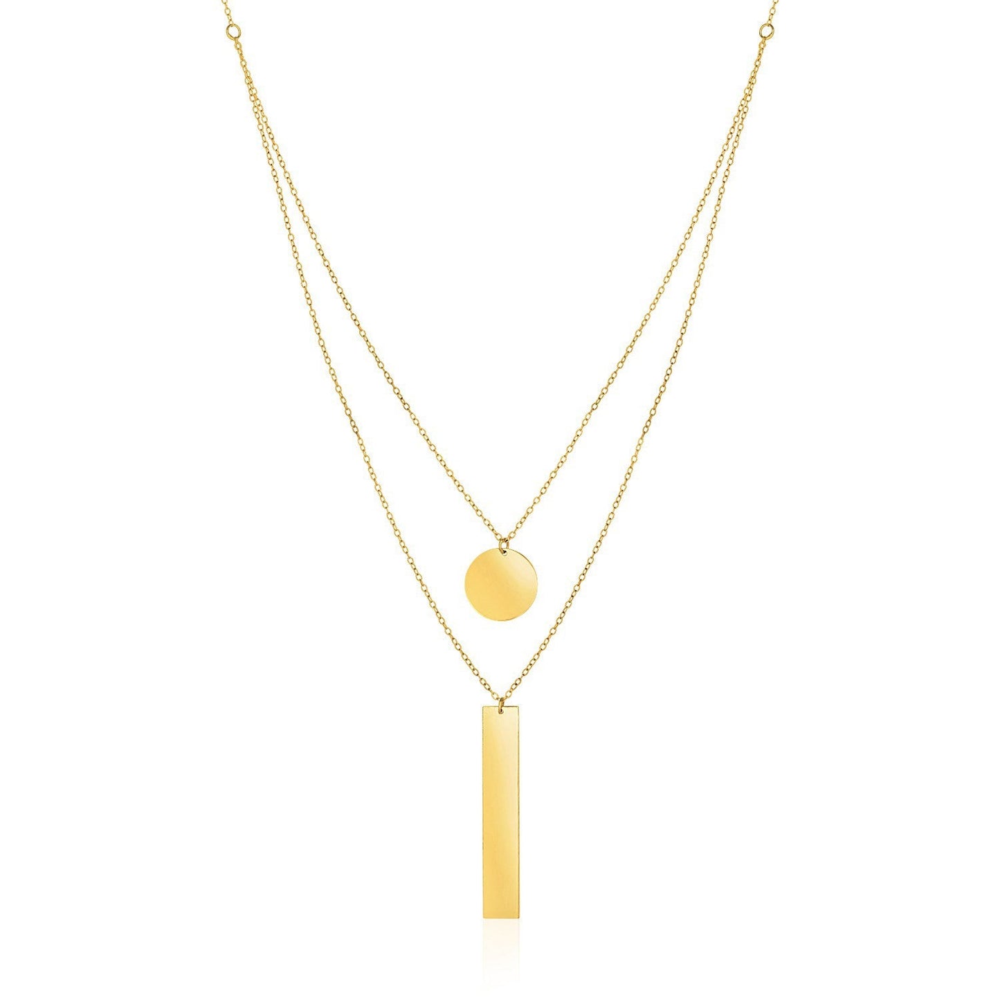 14k Yellow Gold 18 inch Two Strand Necklace with Circle and Bar Pendants-0