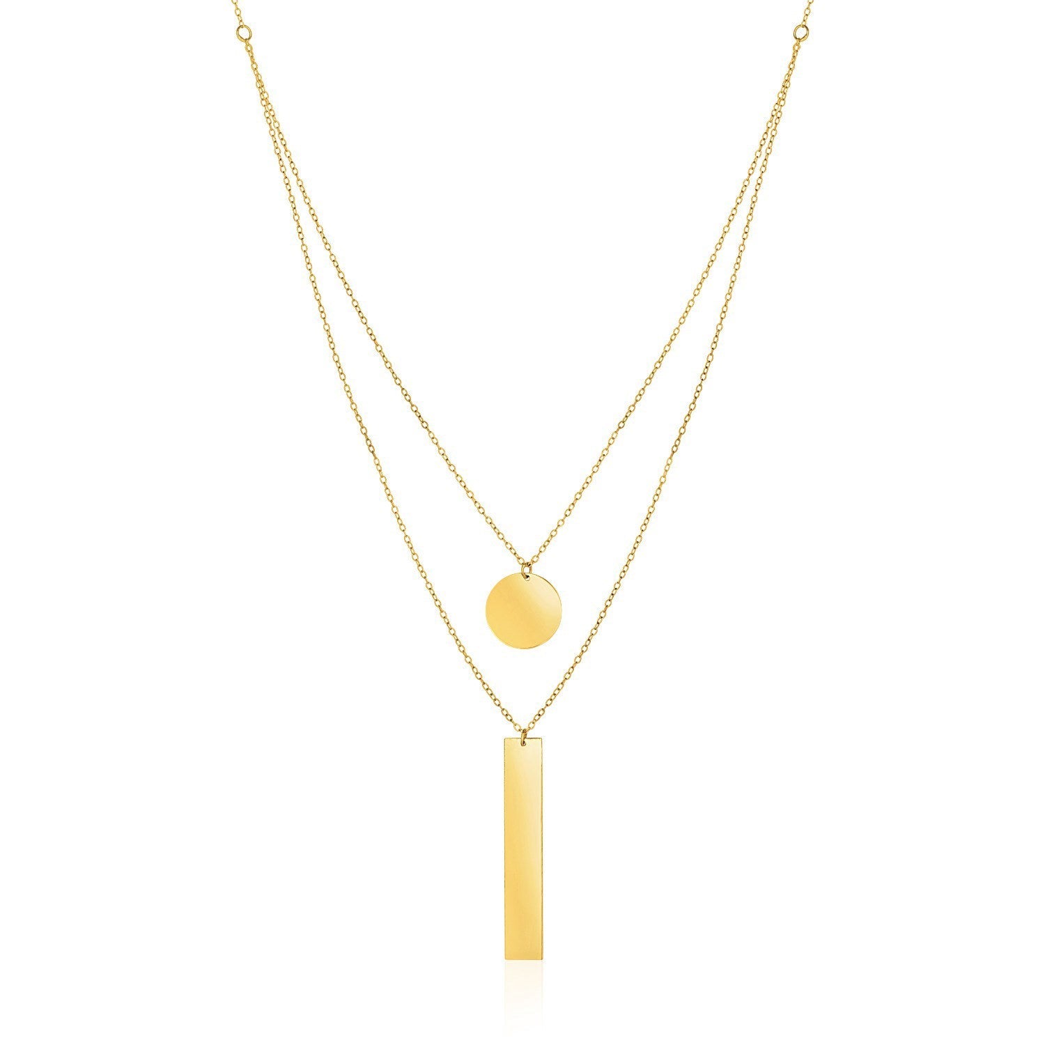 14k Yellow Gold 18 inch Two Strand Necklace with Circle and Bar Pendants-0