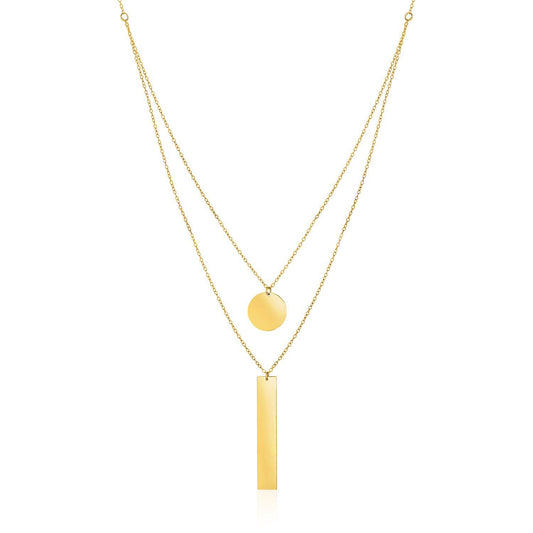 14k Yellow Gold 18 inch Two Strand Necklace with Circle and Bar Pendants-0