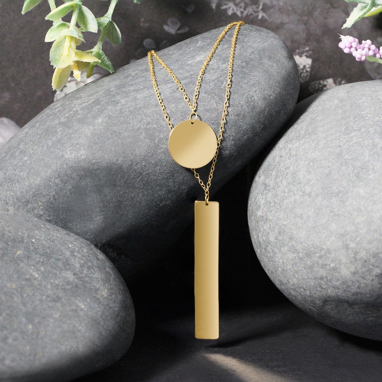 14k Yellow Gold 18 inch Two Strand Necklace with Circle and Bar Pendants-2