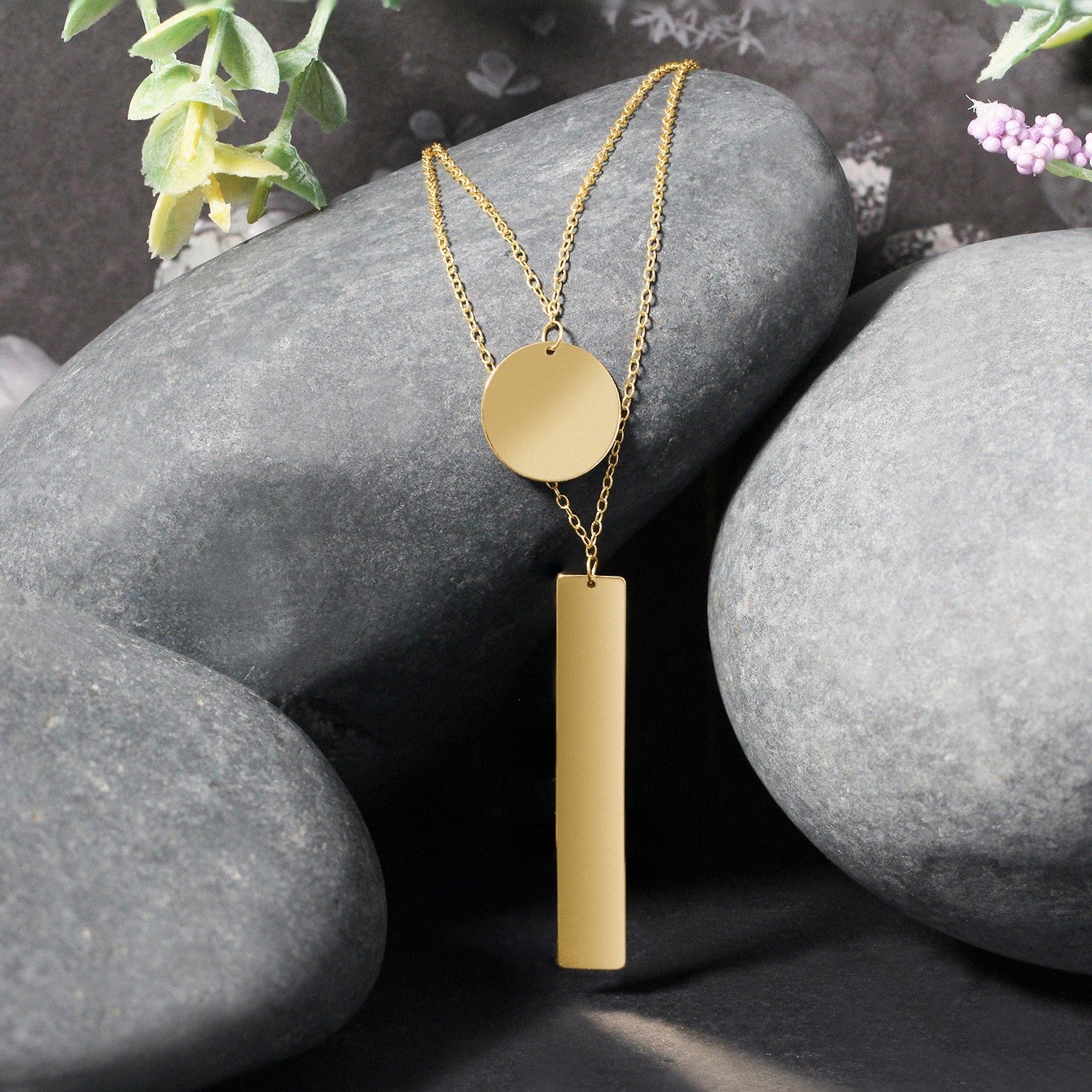 14k Yellow Gold 18 inch Two Strand Necklace with Circle and Bar Pendants-2