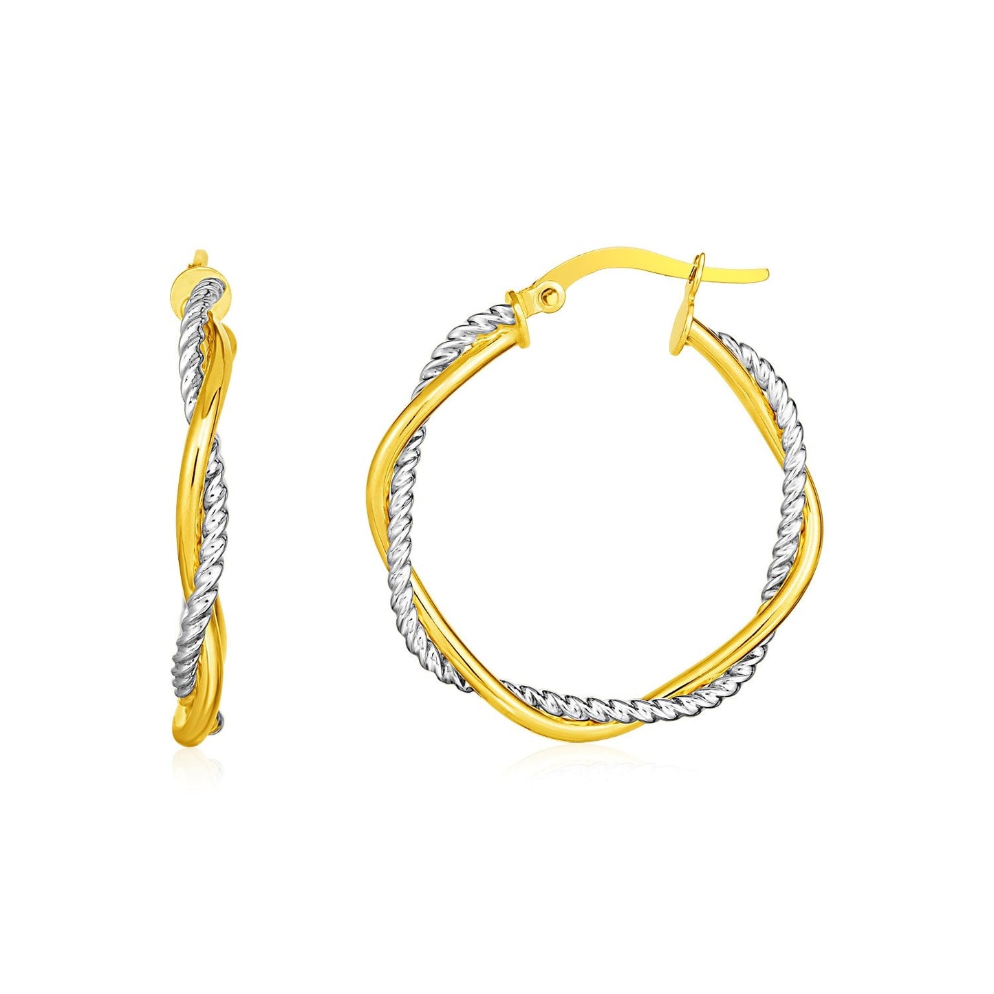 14k Yellow and White Gold Two Part Textured Twisted Round Hoop Earrings-0